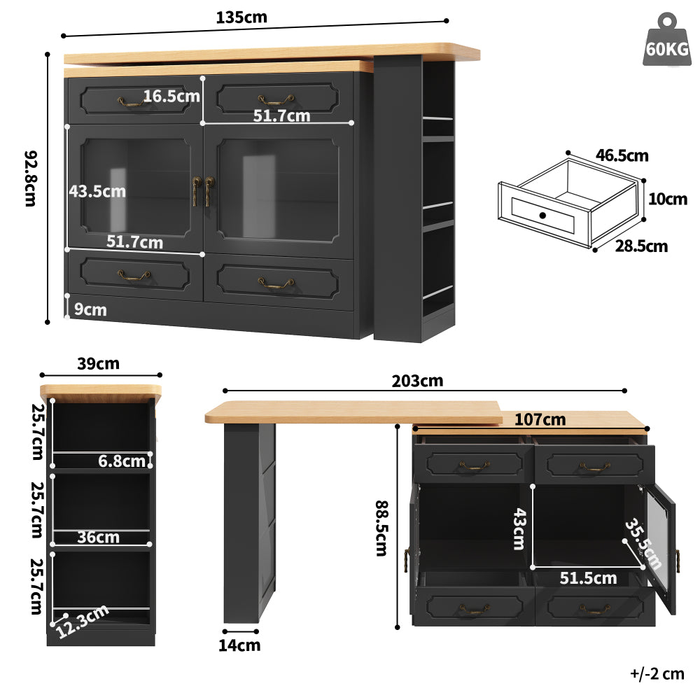Uitklaptafel – Klaptafel – Vouwtafel – Bartafel – Eettafel – Uitschuifbaar 135-203 cm – Opbergruimte – 360° Draaibaar – Modern Zwart Metaal & Glas