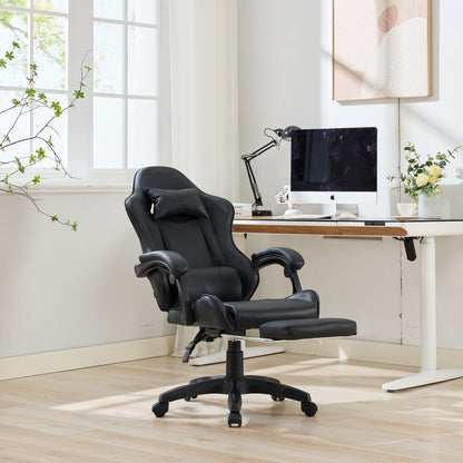 360° Swivel Ergonomic Racing-Style Gaming Chair | Leather High-Back Office Chair with Height-Adjustable Work Chair, Footrest, Headrest, Lumbar Support, Suitable for Office and Gaming Use, Black