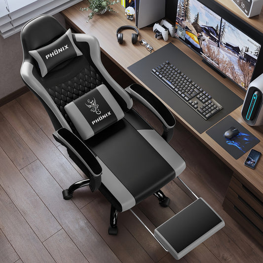 Gronfont Gaming Chair, Ergonomic Gaming Chair, Gaming Armchair with Footrest, Adjustable Lumbar Cushion, Headrest, Height-Adjustable and Rotatable, PC Chair, Gaming Chair 150 Kg, Black, Grey, White