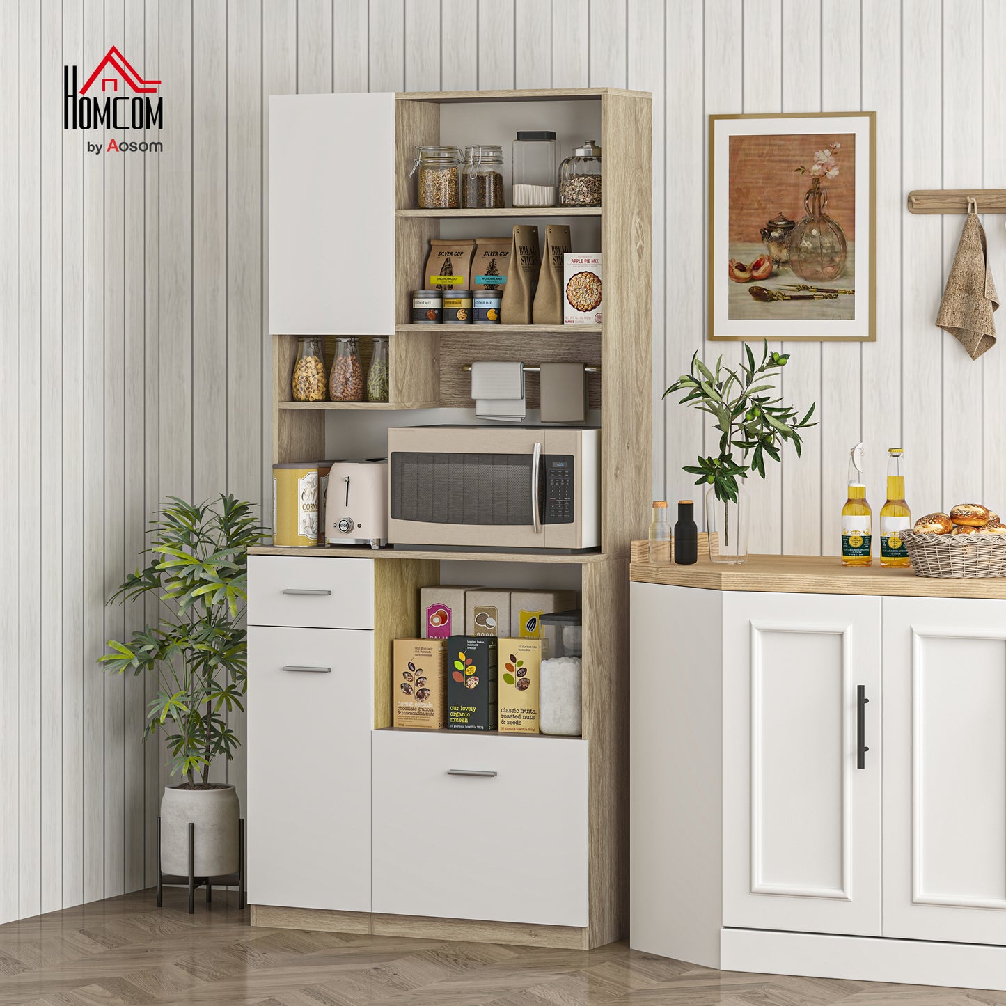 HOMCOM Kitchen Armoire Buffet Cabinet Storage Furniture Modern Style with Adjustable Shelves, Drawer, Counter, Cable Management, for Dining Room, Living Room, 80 X 35 X 180 Cm, Wood Grain