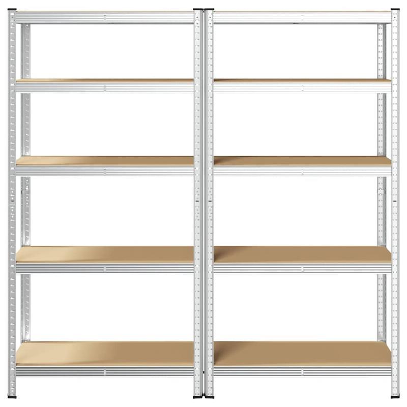 5-laags Opbergrek – Opbergkast – Stelling – Plank – Vakkenkast – Set Van 2 – Zilverkleurig Staal – Gelamineerd Hout