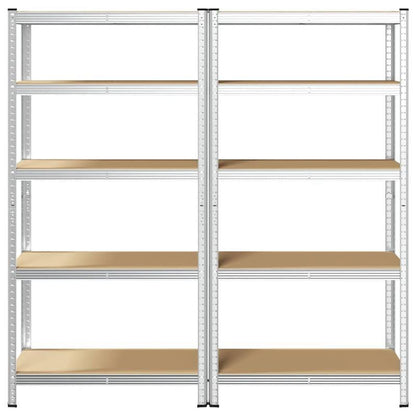 5-laags Opbergrek – Opbergkast – Stelling – Plank – Vakkenkast – Set Van 2 – Zilverkleurig Staal – Gelamineerd Hout