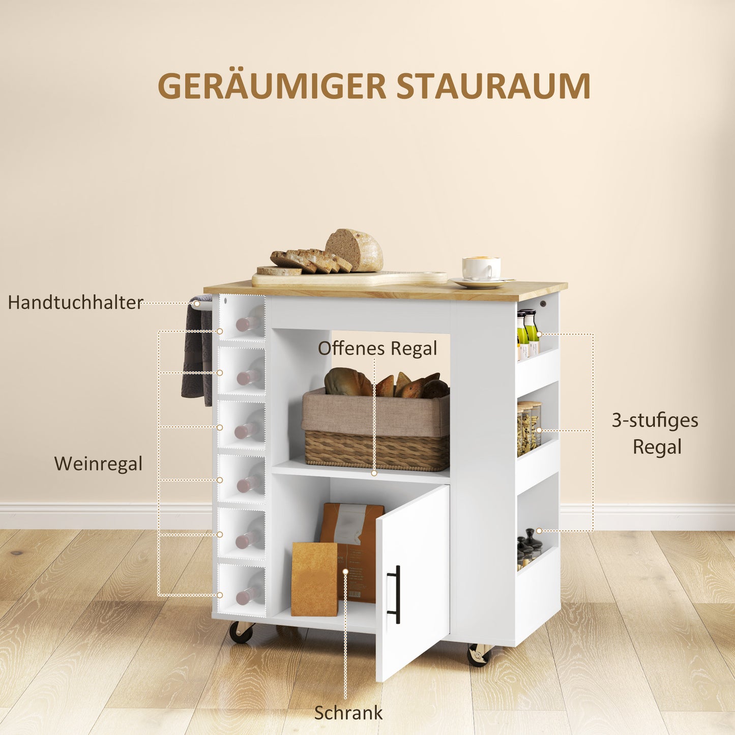 Vloerstaande Keukenplank – Keukenrek – Opbergplank – Keukenkast – Keukenmeubel – Rustiek Bruin – 5 Planken & 2 Stopcontacten – X-Vormige Stalen Ondersteuning