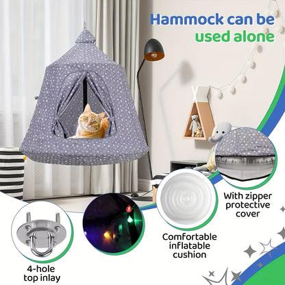 Hangmat voor Katten en Honden – Hangende Tent – Speeltent – Hangkussen – Camping Hangmat – Waterafstotend Oxford Polyester – Draaggewicht 150 kg – Opblaasbaar Kussen – Stevig IJzeren Frame – Grijs met Sterren