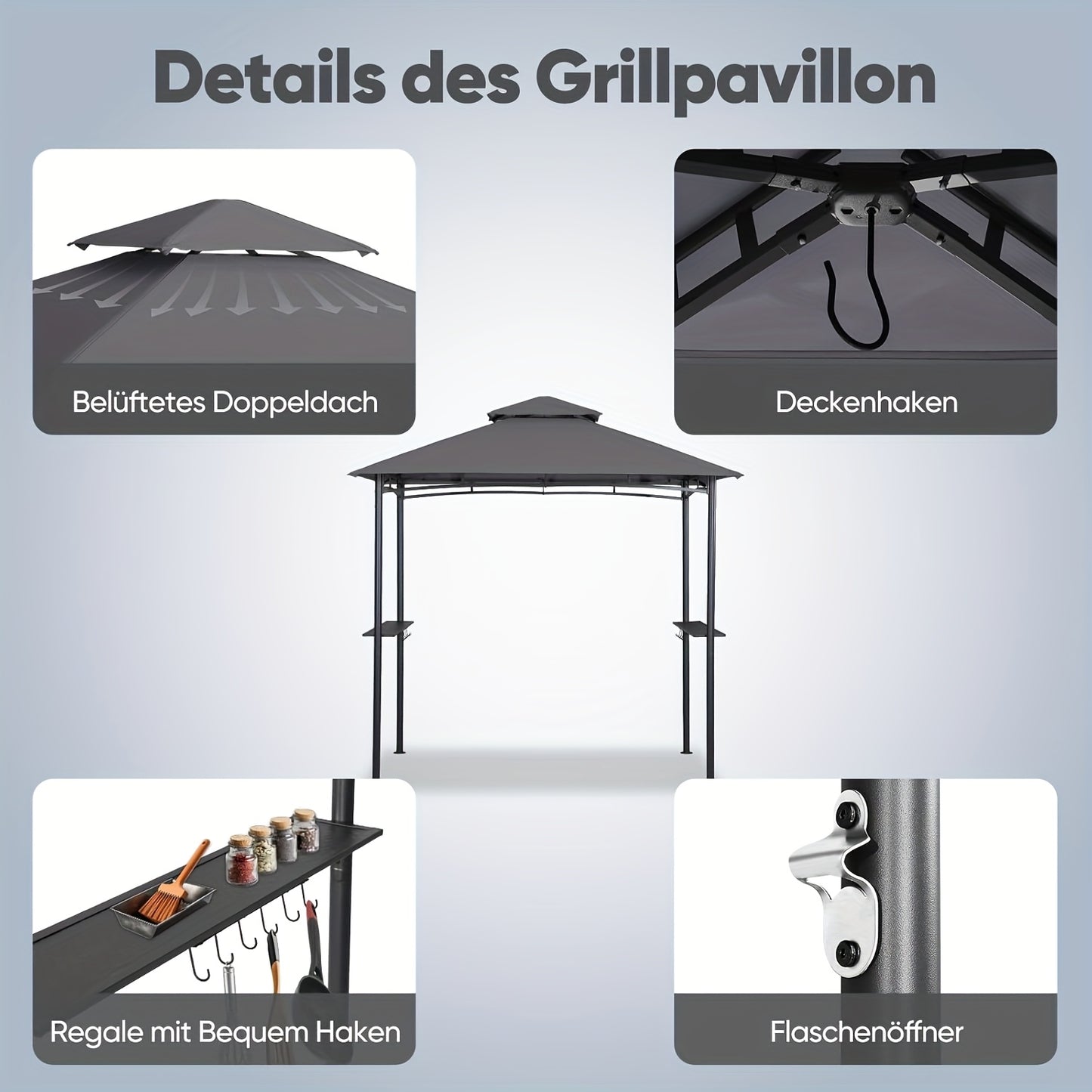 Waterdichte Tuinpaviljoen – Tuinkamer – Overkapping – Partytent – Gazebo – Grijs – 2,35 x 1,45 Meter – Dubbel Dak Windproof