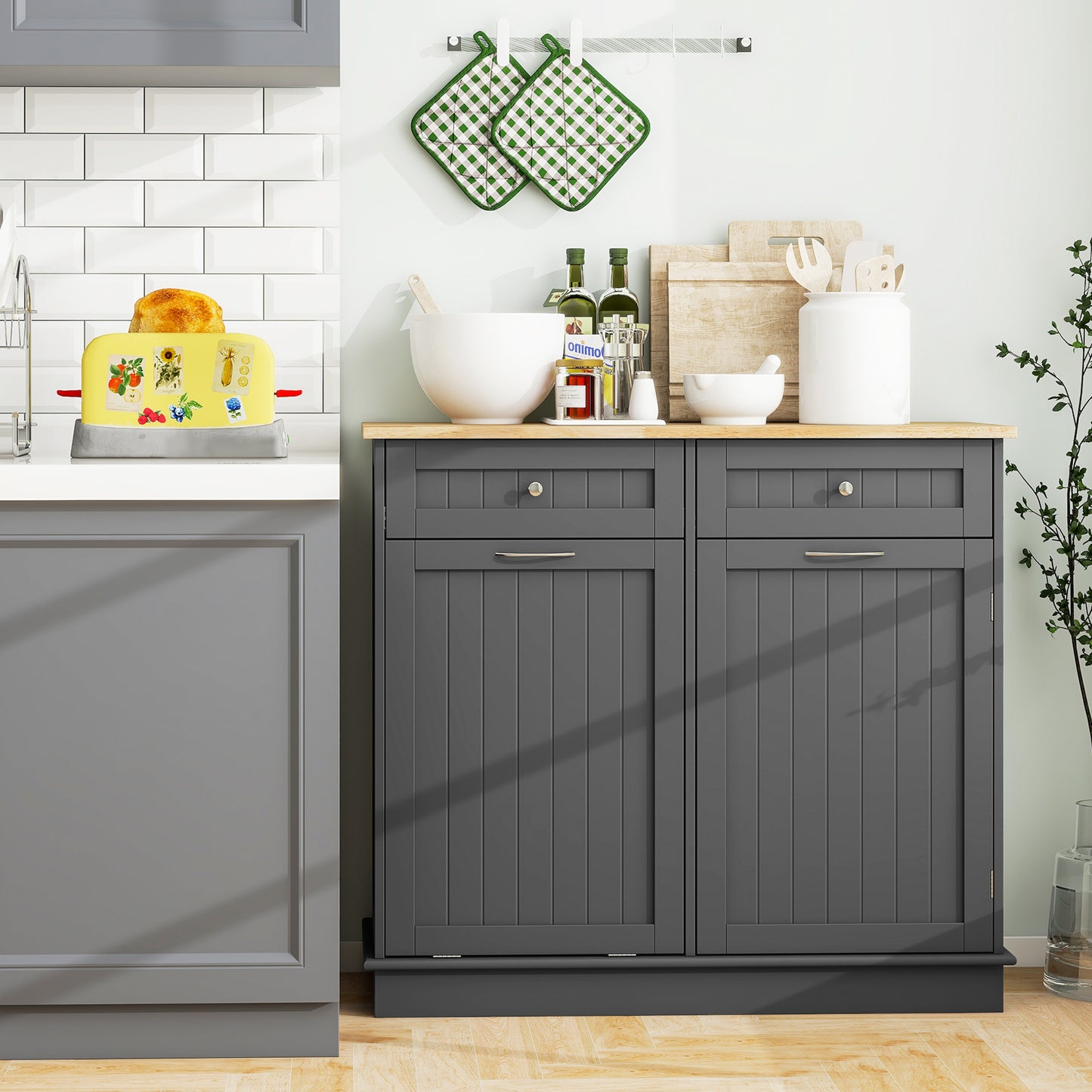 Tilt-Out Afvalkast Keuken – Afvalbak Kast – Prullenbak Kast – Uitklapbare Afvalbak – Afvalcontainer Kast – Rubberhouten Blad – 11 Gallon Inhoud – 2 Lades Met Verstelbare Plank