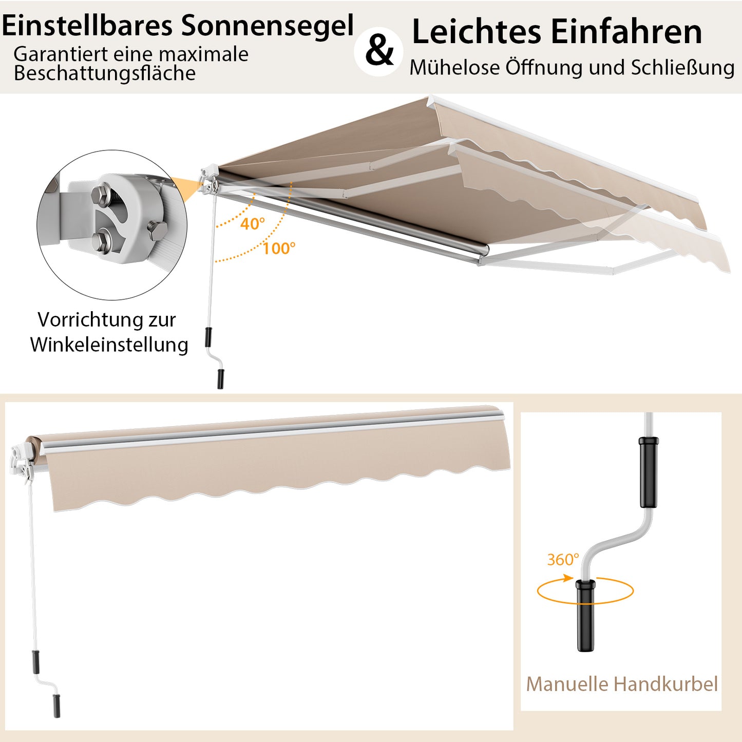 Zonnescherm Uitschuifbaar – Zonwering – Luifel – Buitenzonnescherm – Terrasoverkapping – 4x2,5 Meter – 280g Polyester – Handmatige Zwengel