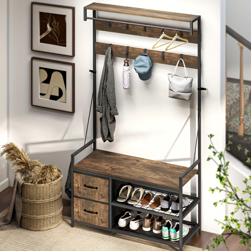 Kapstok – Staande Kapstok – Garderoberek – Kapstok Met Schoenenrek – Kapstok Met Bank – Industrieel Design – Zware Metalen Constructie – 10 Haken & 2 Stoffen Lades