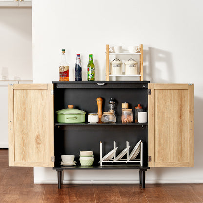 Kast – Opbergkast – Rattan Kast – Dressoir – Buffetkast – Handgeweven Rattan Deuren – Verstelbare Legplanken – Zwart – Magnetische Deuren