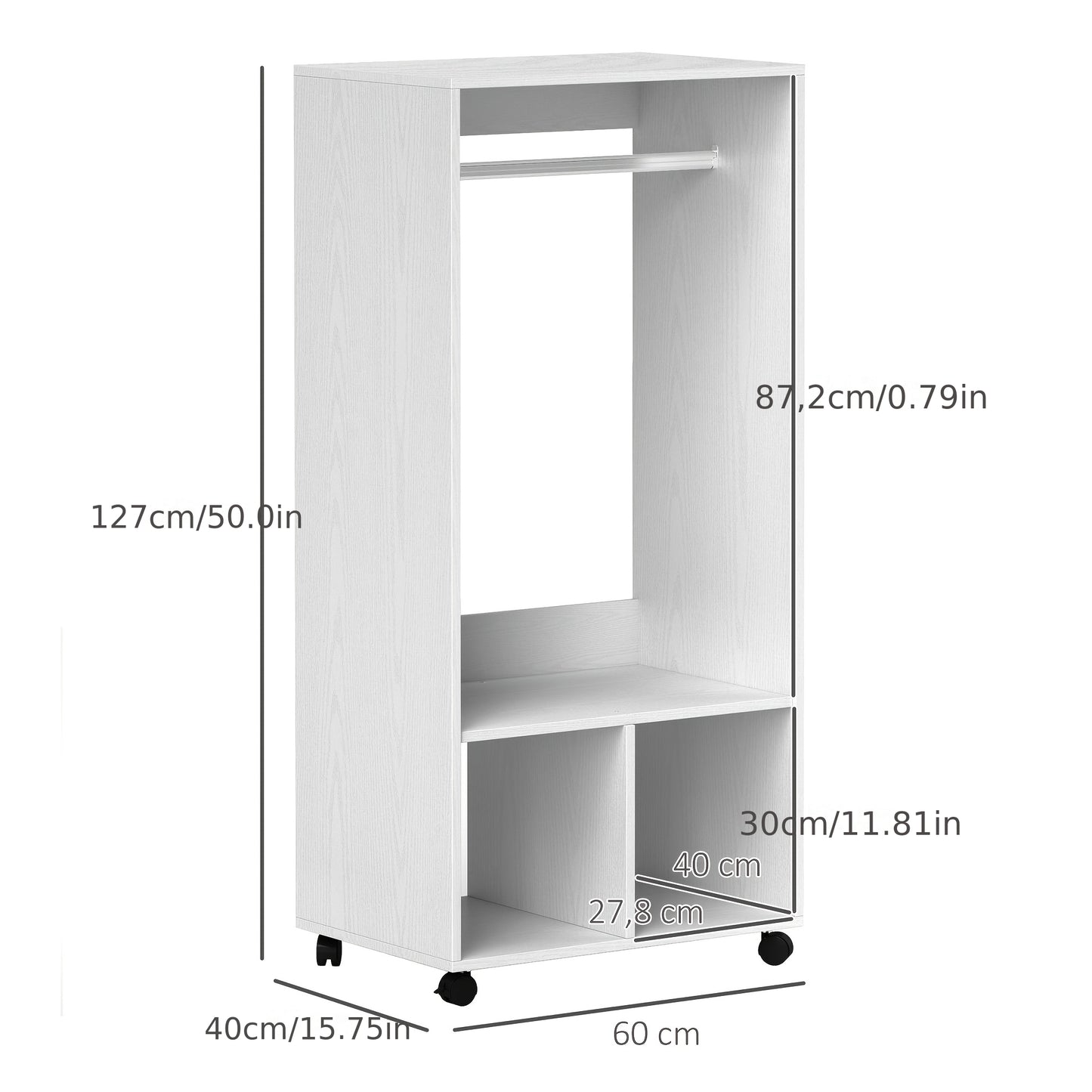 Witte Bamboe Kledingkast – Kledingrek – Opbergkast – Woonkamerkast – Dressoirkast – Met 4 Wieltjes – Ruimtebesparend Design – 127 cm Hoog – 3,2 Kubieke Voet Opbergruimte