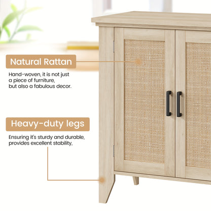 Dressoir – Sideboard – Kast – Opbergkast – Buffetkast – Set Van 2 – Natuurlijke Eikenhout Afwerking – Compact 76x40x80 cm Met Rattan Elementen