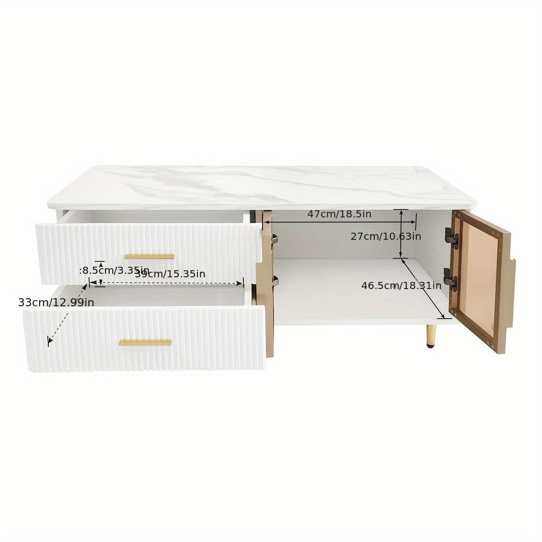 Salontafel – Koffietafel – Bijzettafel – Lounge Tafel – Woonkamertafel – Marmerprint Tafelblad – Gouden Accenten – Opberglades met Golvend Patroon – Getemperd Glas – Hoogwaardig Spaanplaat