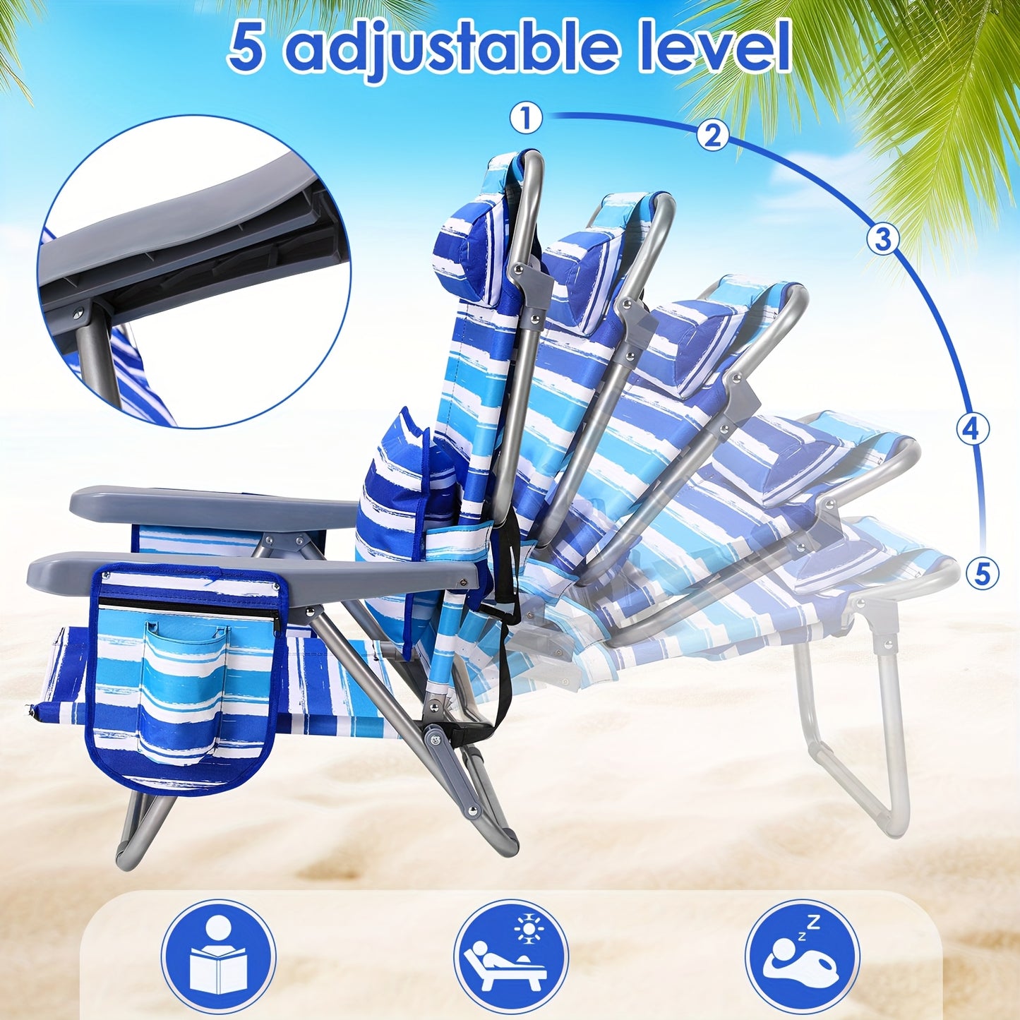 Strandstoel – Campingstoel – Vouwstoel – Ligstoel – Opvouwbare Strandstoel – Verstelbare Rugleuning 4 Standen – Aluminium Frame 140kg Draagvermogen