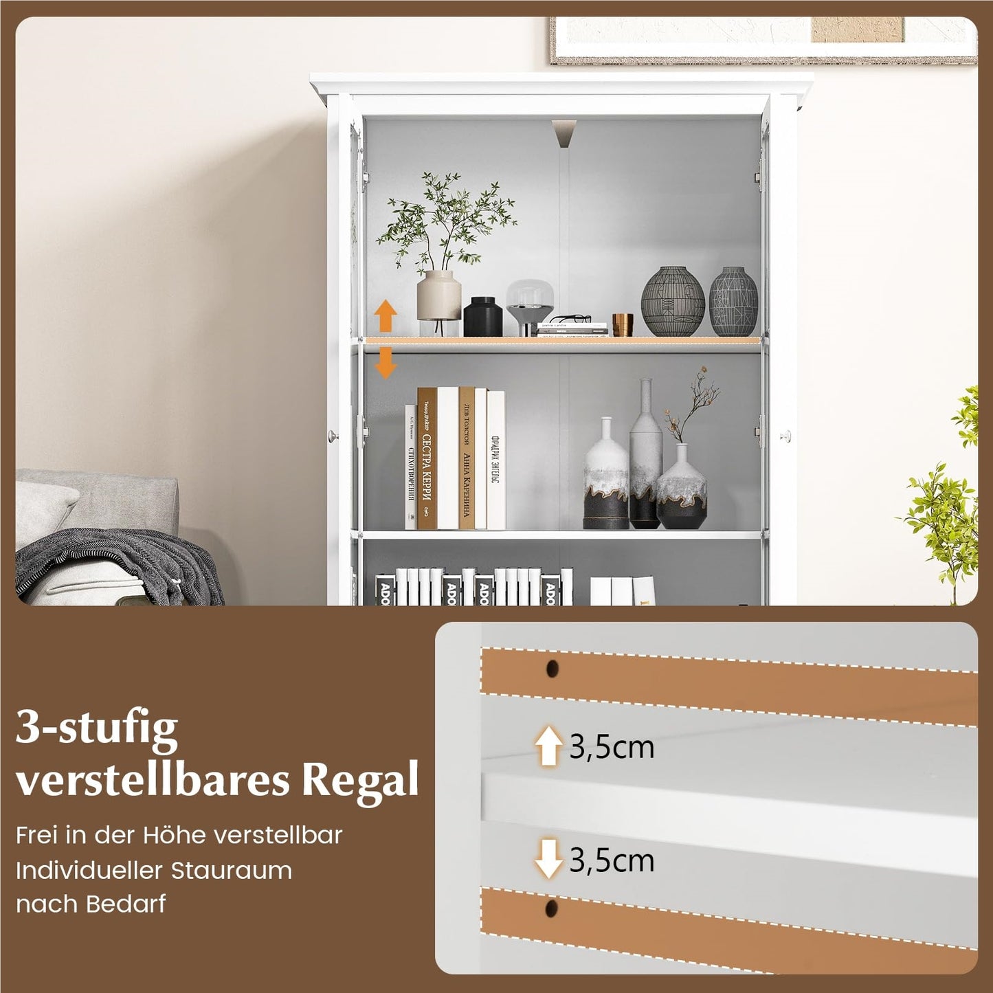 Boekenkast – Vakkenkast – Opbergkast – Wandkast – Dressoir – Met Geharde Glazen Deuren – Verstelbare Plank en Lade – Wit – 80x40x139 cm
