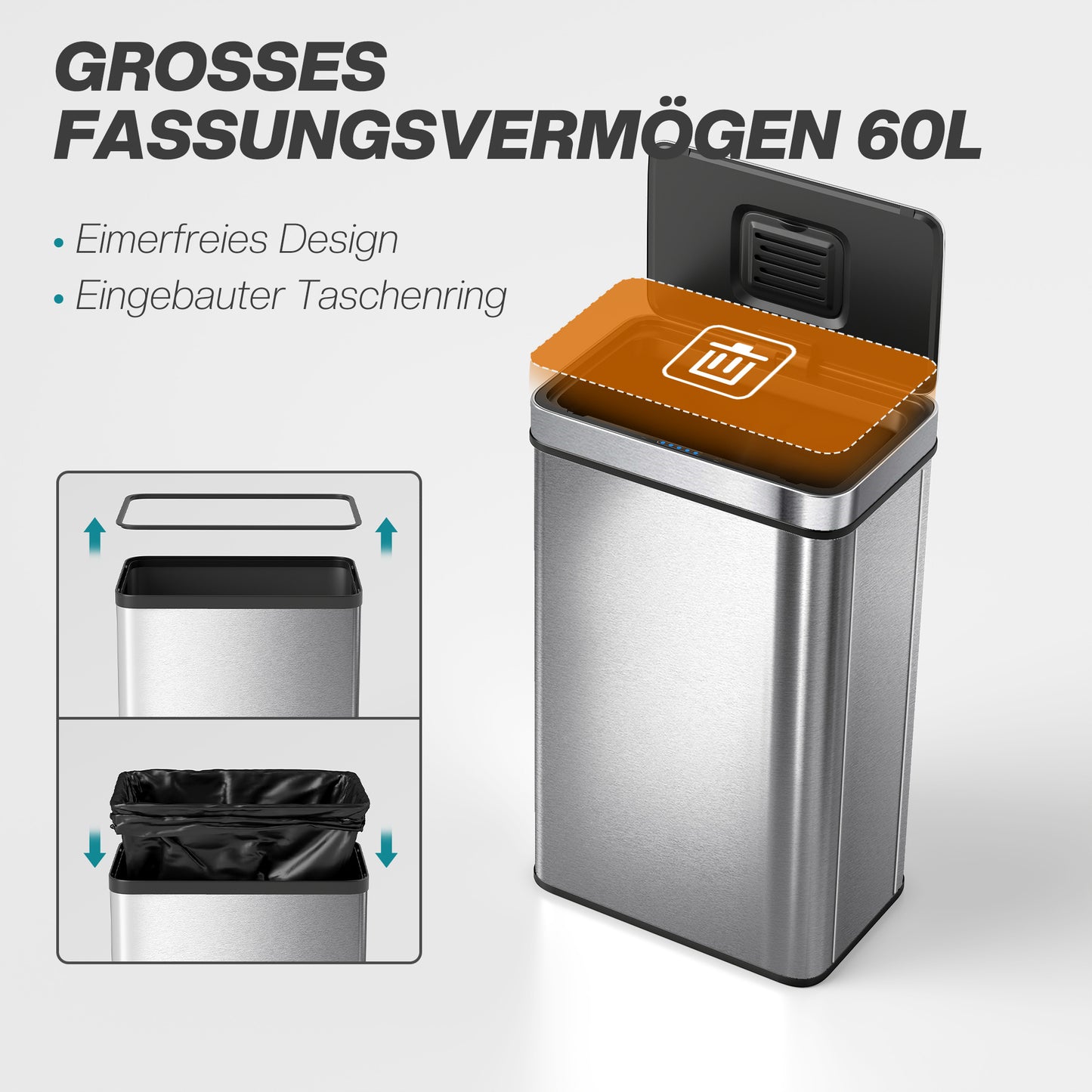 Automatische Prullenbak – Sensor Afvalbak – Touchless Afvalemmer – Bewegingssensor Prullenbak – RVS Vuilnisbak – 60 Liter Capaciteit – Batterijgevoed – Zilverkleurig