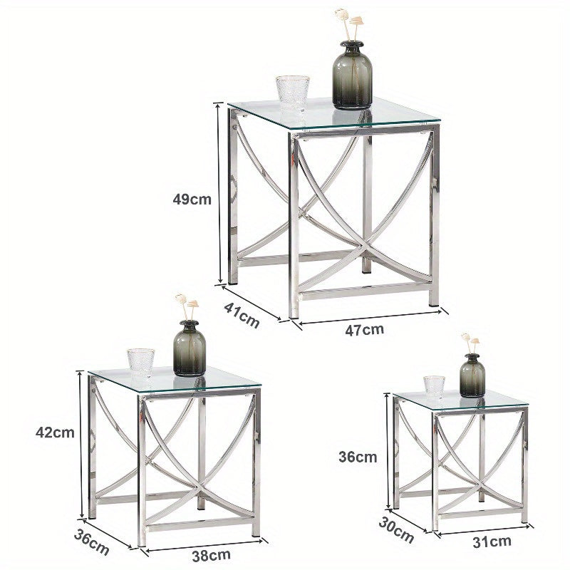 JYMTOM Set of 3 Coffee Tables, Side Tables Made of Stainless Steel Frame and Tempered Glass for Living Room, Modern Design, Sofa Table, Coffee Tables for Living Room, Sofa Side Table, Home Accent Tables, Glass Coffee Table, M