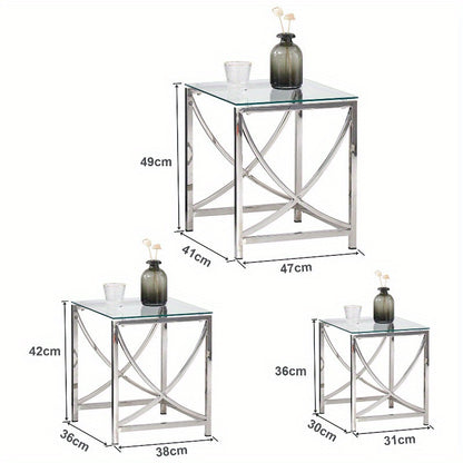 JYMTOM Set of 3 Coffee Tables, Side Tables Made of Stainless Steel Frame and Tempered Glass for Living Room, Modern Design, Sofa Table, Coffee Tables for Living Room, Sofa Side Table, Home Accent Tables, Glass Coffee Table, M