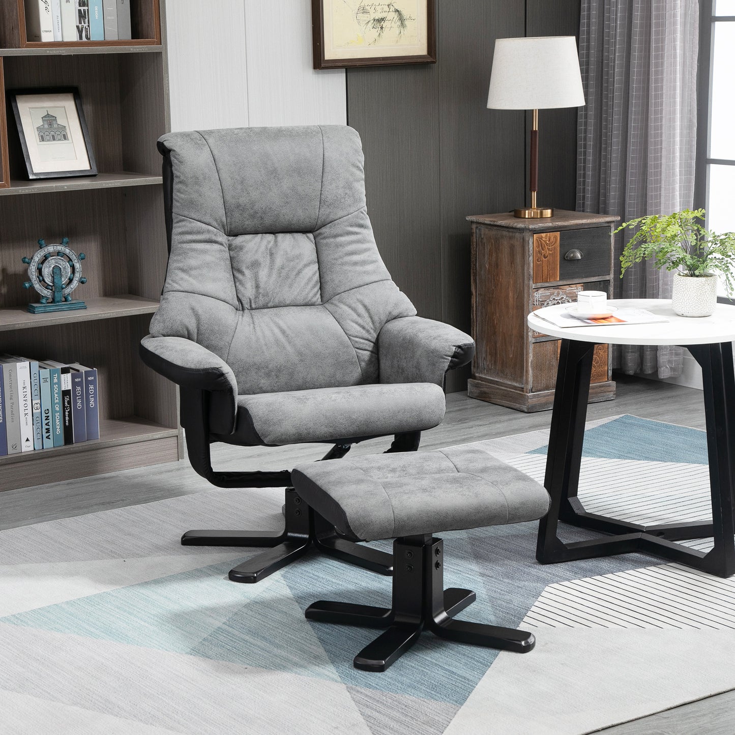 HOMCOM Reclining Lounge Chair with Footrest, 360° Swivel, Microfiber Upholstery, Solid Wood Legs, Thick Padded Seat, Gray, 135 cm
