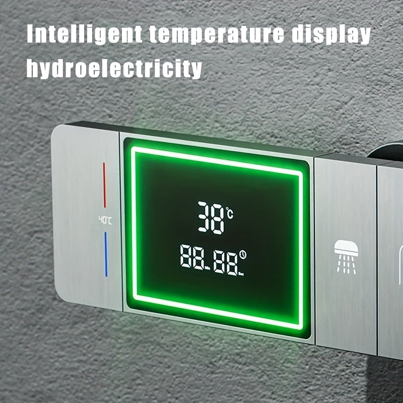 Slimme Douche Systemen – Digitale Douchekraan – Regen Douchekop – Waterval Kraan – Wandgemonteerd Bad Set – 5 Snelheden & Temperatuur Instelbaar – Real-Time Display (Gun Grijs)