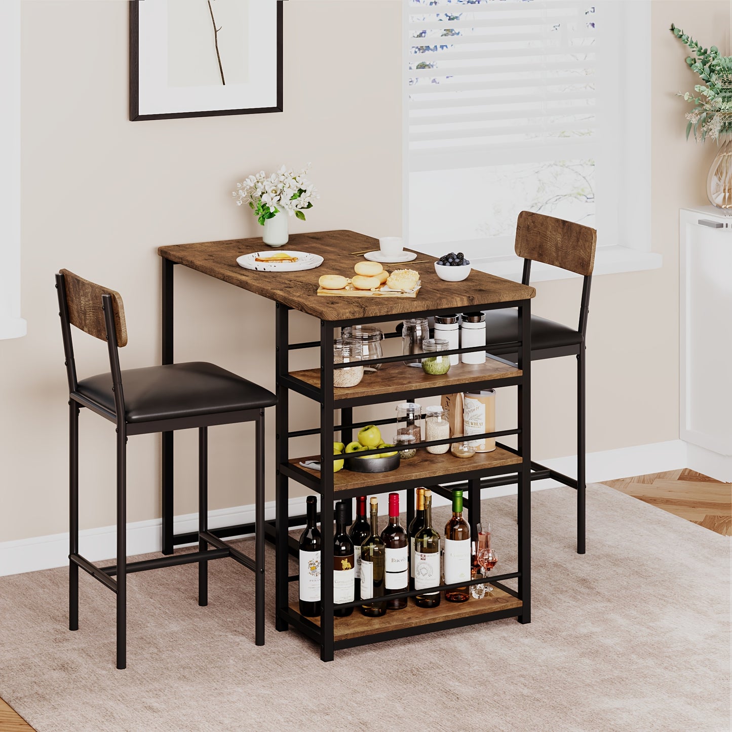 Barkrukset – Barset – Bartafelset – Bistroset – Keukentafelset – Compact Design – Met 2 Gewatteerde Krukken – 91,44 cm Hoogte