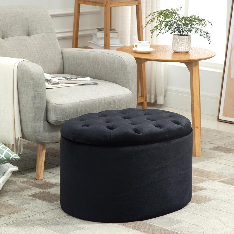 Opbergbank – Opbergpoef – Zitbank Met Opbergruimte – Opbergkist – Hocker – Fluwelen Bekleding – Ovaal Design – 71x52x42 cm – Zwart – Ruimtebesparend – Met Scharnierend Deksel