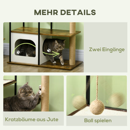 Krabpaal – Kattenboom – Krabmeubel – Kattenhuis – Kattentoren – 4 Verdiepingen – Speelbal – Valbeveiliging – 80x40x118,5 cm – Bruin/Wit