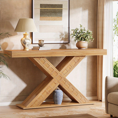 55 Inch Sidetable – Console Tafel – Halmeubel – Foyertafel – Smalle Tafel – X-Vormige Houten Basis – Robuust 2,95 Inch Dikte – 200 Kg Draagkracht