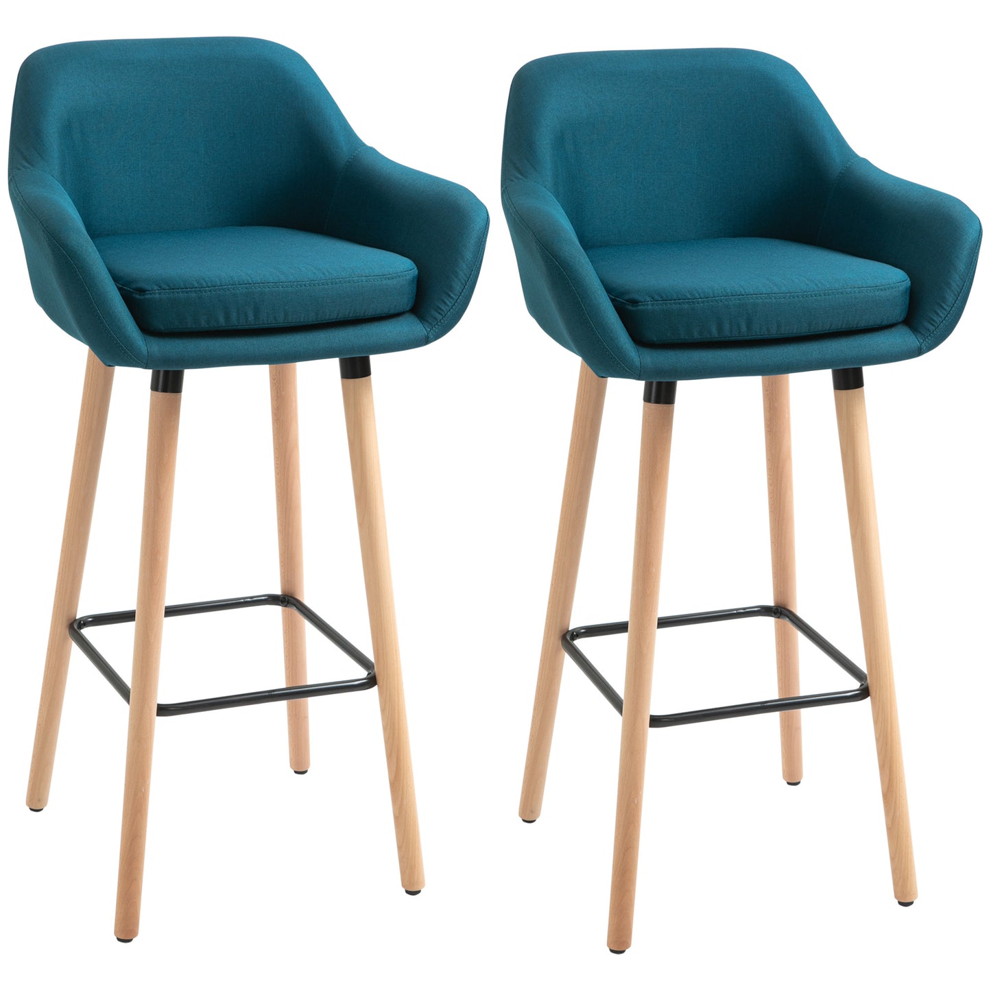 Barstoel – Barkruk – Barstoelen – Keukenstoel – Barkrukken set van 2 – Scandinavisch Design – Houten Poot – Blauw Linnen – Met Voetsteun en Armleuning – Anti-Slip Pads – Robuust Metalen Frame