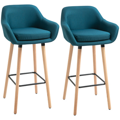 Barstoel – Barkruk – Barstoelen – Keukenstoel – Barkrukken set van 2 – Scandinavisch Design – Houten Poot – Blauw Linnen – Met Voetsteun en Armleuning – Anti-Slip Pads – Robuust Metalen Frame