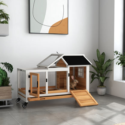 Konijnenren – Houten Ren – Konijnenkooi – Buitenren – Dierenhok – Geel – Met Wieltjes – Twee Afsluitbare Deuren – Uitneembare Zinklade – 108x58x73,5 cm