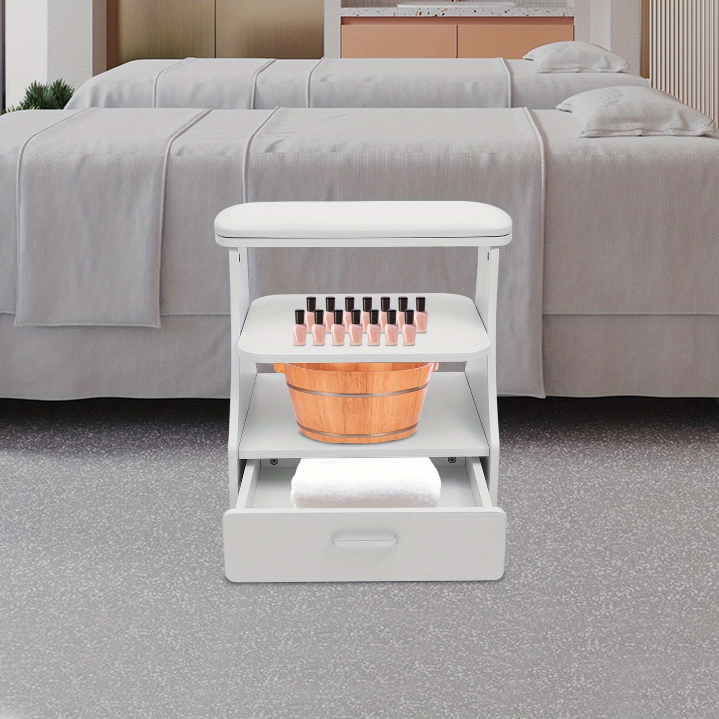 Pedicurekruk – Voetbadkruk – Pedicurestoel – Salonkruk – Spa Kruk – Robuuste Constructie – Breed Zittingoppervlak – Gemakkelijk Schoon Te Maken – Wit Modern Design