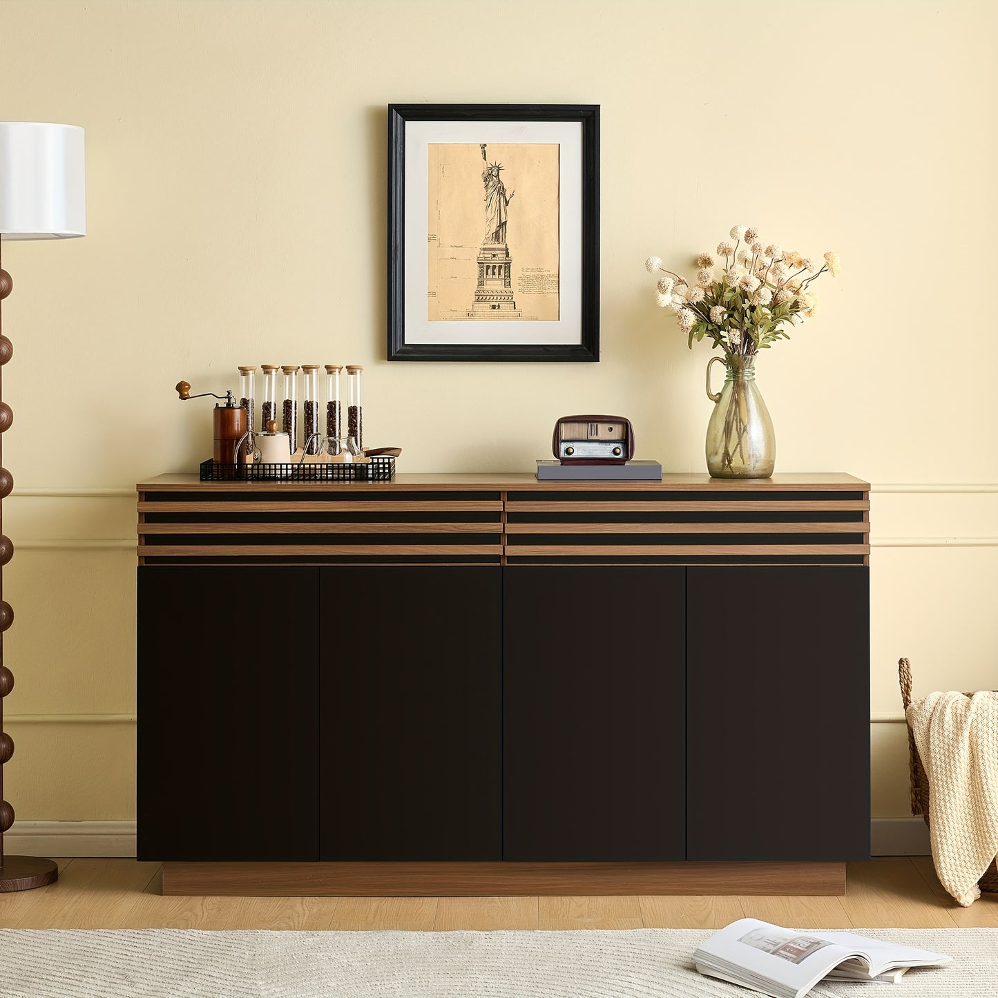 Contemporary Sideboard 150 X 40 X 85cm In Brown Wood Look with Black Doors, 2 Drawers And 4 Cupboard Doors, Spacious Storage And Stylish Design for Living Room, Dining Room And Kitchen., Dining Room Cabinet, Spacesaving Furni