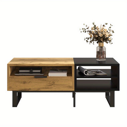 Salontafel – Woonkamertafel – Koffietafel – Bijzettafel – Tafel Met Lades – Burlywood Kleurvlakken – Hardhout En Metaal – Met Opbergruimte
