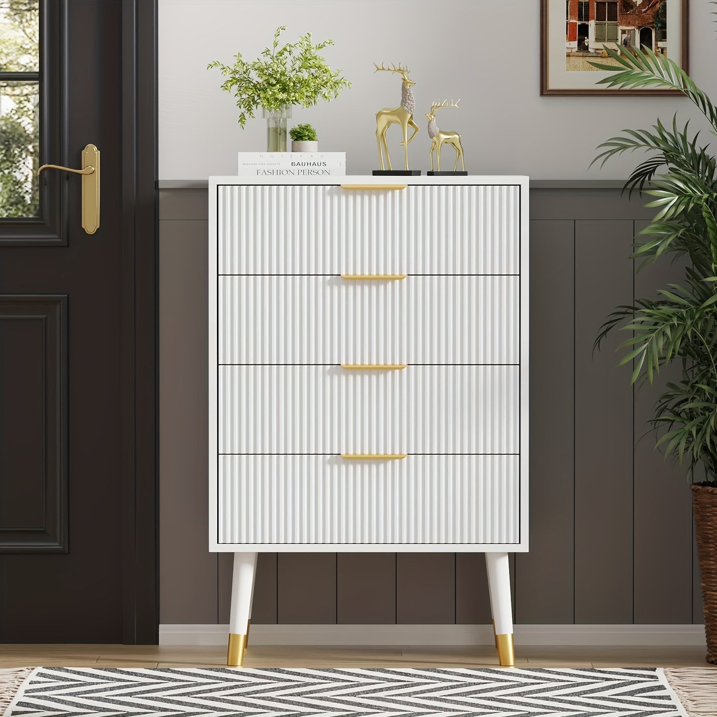 Ladekast – Dressoir – Ladenkast – Opbergkast – Ladekast Wit Goud – 4 Laden – Compact Design – Stevig Houten Meubel