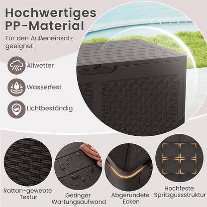 Opbergbox Tuinkist Tuinbox Buitenopberger Balkonbox – Rattan Opbergkist – 380 Liter – Waterdicht PP – Met Wieltjes & Zitfunctie 200 kg