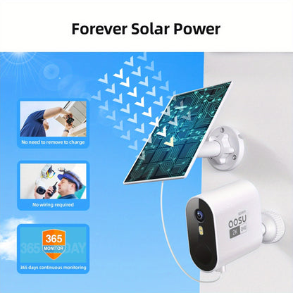 AOSU Solar Security Cameras Wireless Outdoor, 2K QHD Home Security System, Cameras Kit with 166° Ultra-Wide View, Forever Power, Spotlight Camera, 32G Local Storage, No Monthly Fee