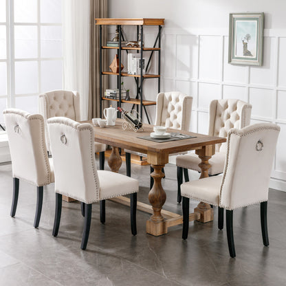 Fluwelen Eetkamerstoel – Stoel, Fauteuil, Zithoekstoel, Lounge stoel – Beige Velvet – Set van 2 – Massief Eiken Poten – Chroom Ring en Nietenrand