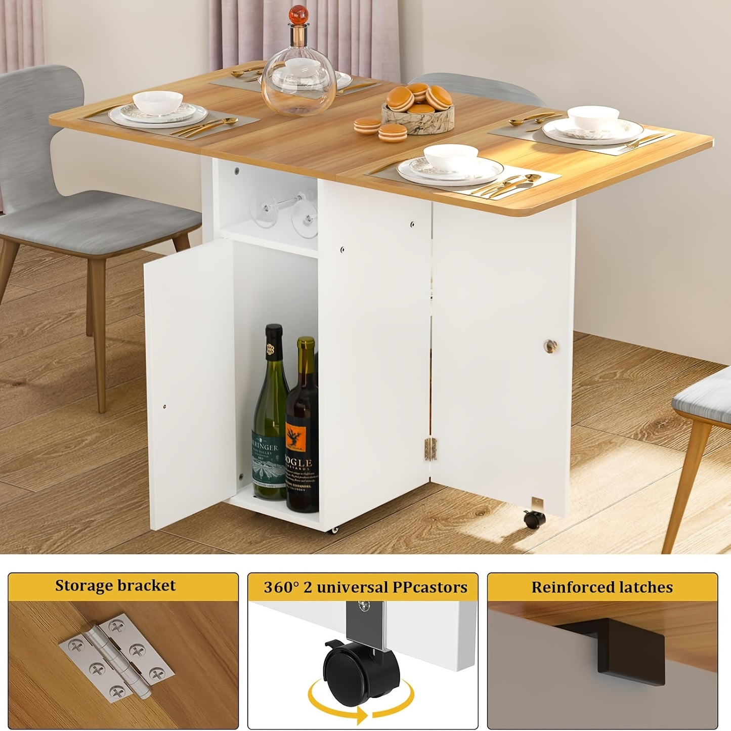 Inklapbare Eettafel – Opklapbare Tafel – Uitklapbare Tafel – Compacte Tafel – Verrijdbare Tafel – Met Wieltjes – Ruimtebesparend Ontwerp – Ingebouwde Opbergruimte – Wit Met Houten Accenten – 120x70x78 cm