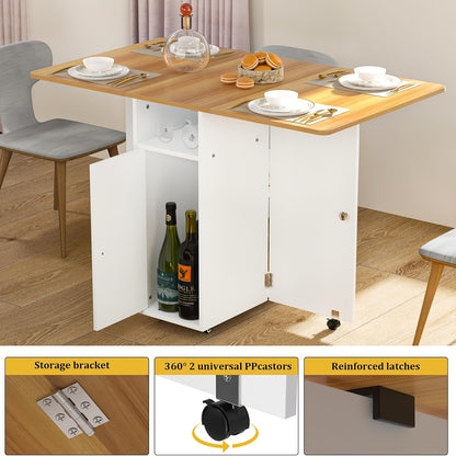 Inklapbare Eettafel – Opklapbare Tafel – Uitklapbare Tafel – Compacte Tafel – Verrijdbare Tafel – Met Wieltjes – Ruimtebesparend Ontwerp – Ingebouwde Opbergruimte – Wit Met Houten Accenten – 120x70x78 cm