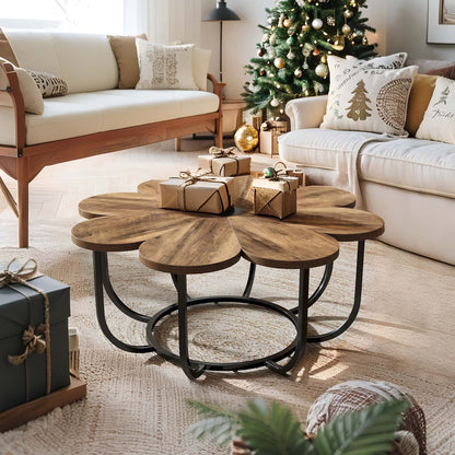 Salontafel – Woonkamertafel – Bijzettafel – Koffietafel – Salon tafel – Bloemvormig Ontwerp – 100 cm Diameter – Faux Marmer Tafelblad – Stevig Metaalframe – Duurzaam Gelamineerd Hout – Modern Bruin & Zwart