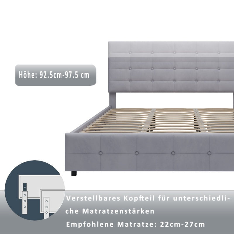 Tweepersoonsbed – Bed met opberglades – Platformbed – Slaapbank – Met opbergruimte – Grijs linnen – 4 royale lades – Stevig metalen frame – 140x200 cm – Geen montage nodig