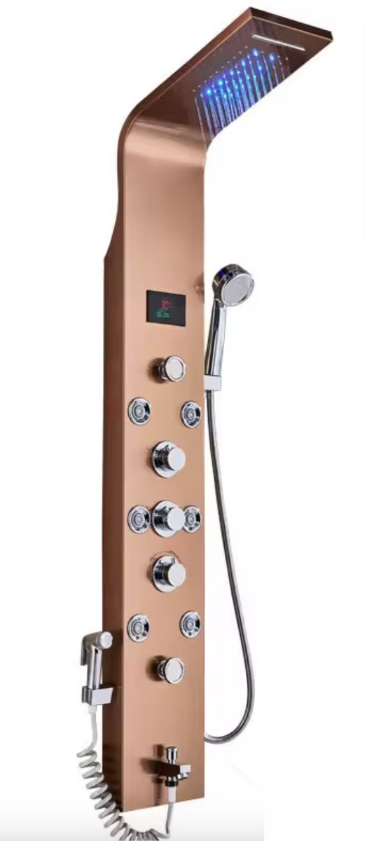 Shower faucet - Rain shower - Shower head - Shower panel - 6 in 1 - Rain shower - Waterfall shower - Faucet - Bidet - Massage jet - Hand shower - Water flow fed - Lighting and LED display - Rose Gold
