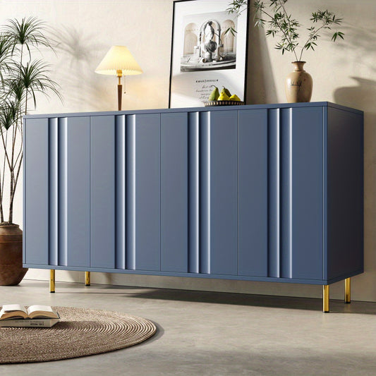 Opbergkast – Kast – Bergkast – Dressoir – Vitrinekast – Donkerblauw Met Gouden Accenten – Verticale Deuren – Stevige Metalen Poot – Hardhouten MDF – 140x40x85 cm