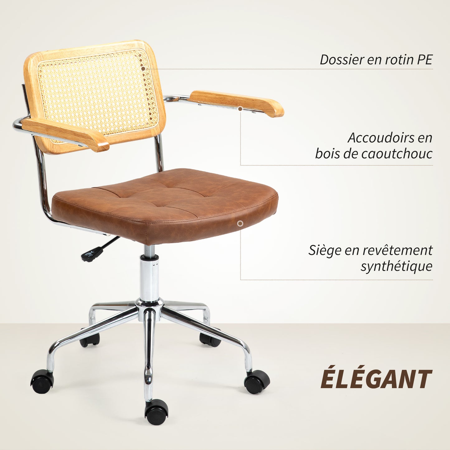 Bureaustoel – Bureaustoel Met Armleuningen – Draaistoel – Werkstoel – Kantoorstoel – Met PE Rattan Rugleuning – Verstelbare Hoogte En Kantelfunctie