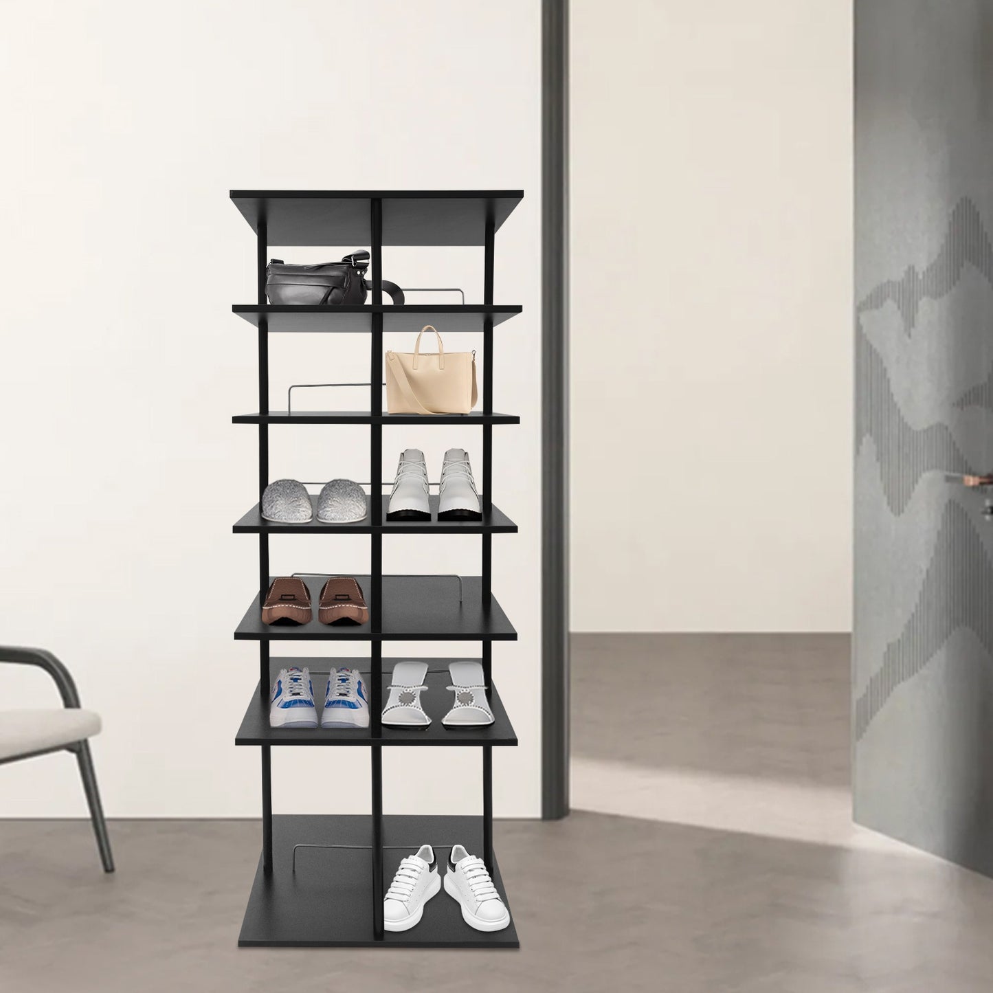Schoenenrek – Schoenenkast – Schoenenopberger – Schoenenrek Hout – Schoenenrek Metaal – 6 Lagen – 360° Draaibaar – 57x57x155 cm – Zwart