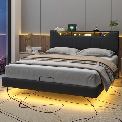 Opbergbed – Gestoffeerd Bed – Tweepersoonsbed – Hydraulisch Opbergbed – Slaapbank – 140x200 cm – Met USB Oplaadfunctie – LED Verlichting