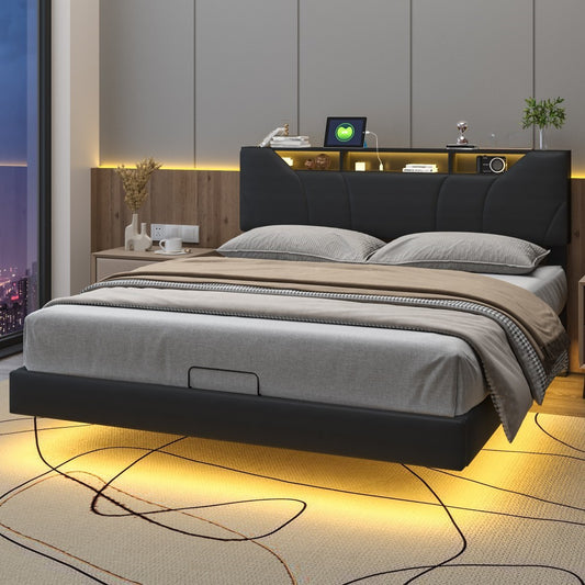 Opbergbed – Gestoffeerd Bed – Tweepersoonsbed – Hydraulisch Opbergbed – Slaapbank – 140x200 cm – Met USB Oplaadfunctie – LED Verlichting