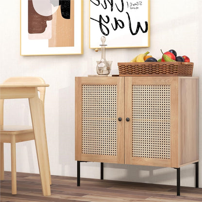 Dressoir – Sideboard – Kast – Buffetkast – Opbergmeubel – Met 2 Rieten Deuren – Industrieel Design – 80x40x80 cm – Verstelbare Planken – Houten Werkblad Eikenhout