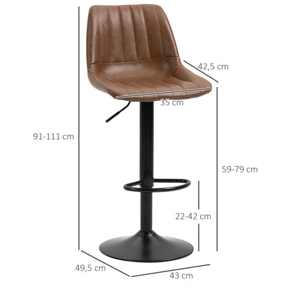Barkruk – Barstoel – Keukenstoel – Bistrostoel – Counterstoel – Verstelbare Zithoogte 91-111 cm – Bruin Kunstleer Met Stalen Frame