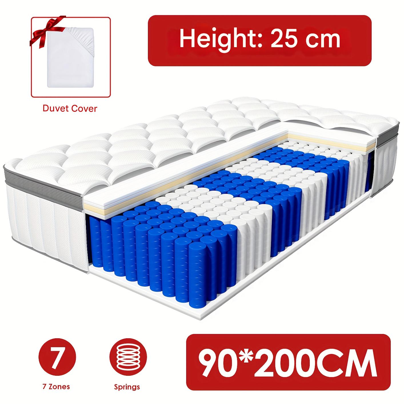 Matras – Pocketveringmatras – Binnenveringsmatras – Tweepersoonsmatras – Eenpersoonsmatras – 90x200 cm – 7-Zones Ergonomisch – Stevigheid H3
